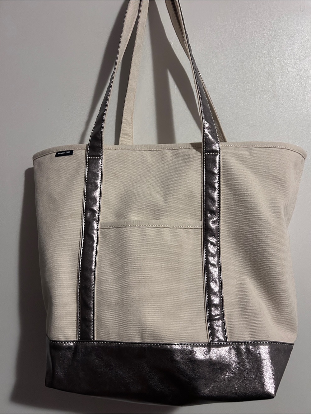 Canvas Tote Bag with Metallic Trim - Cream and Silver sz Large
